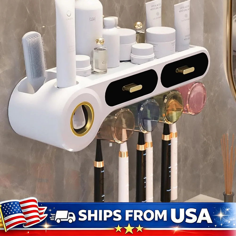 Toothbrush Holder Wall Mounted with Automatic Toothpaste Dispenser and Drawer Storage No Drilling Required for Bathroom and Kids