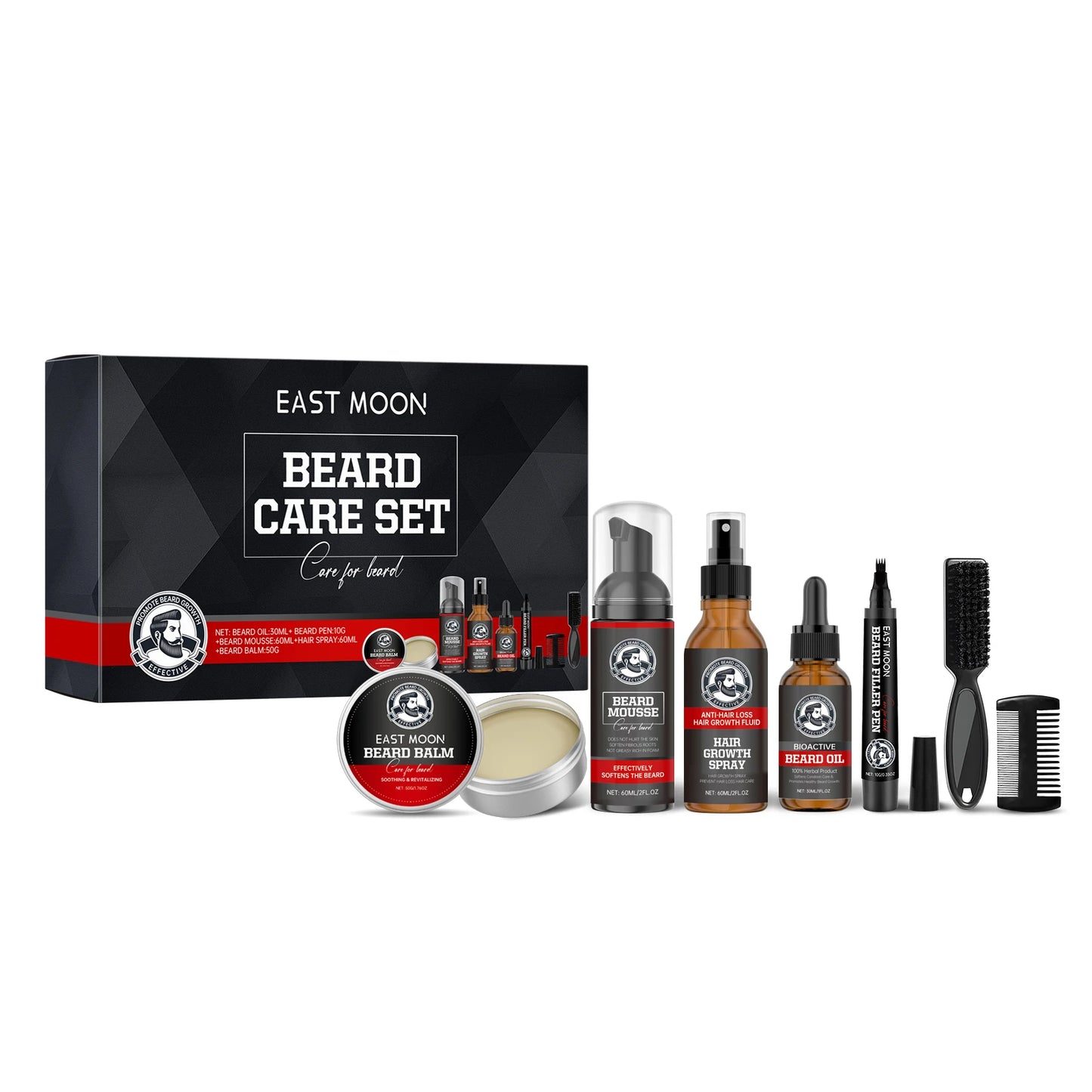 East Moon 1set Men Sandalwood Beard Care Set Moisturizing Balm Nourishing Beards Repair Frizz Moustache Growth Styling Beard Set
