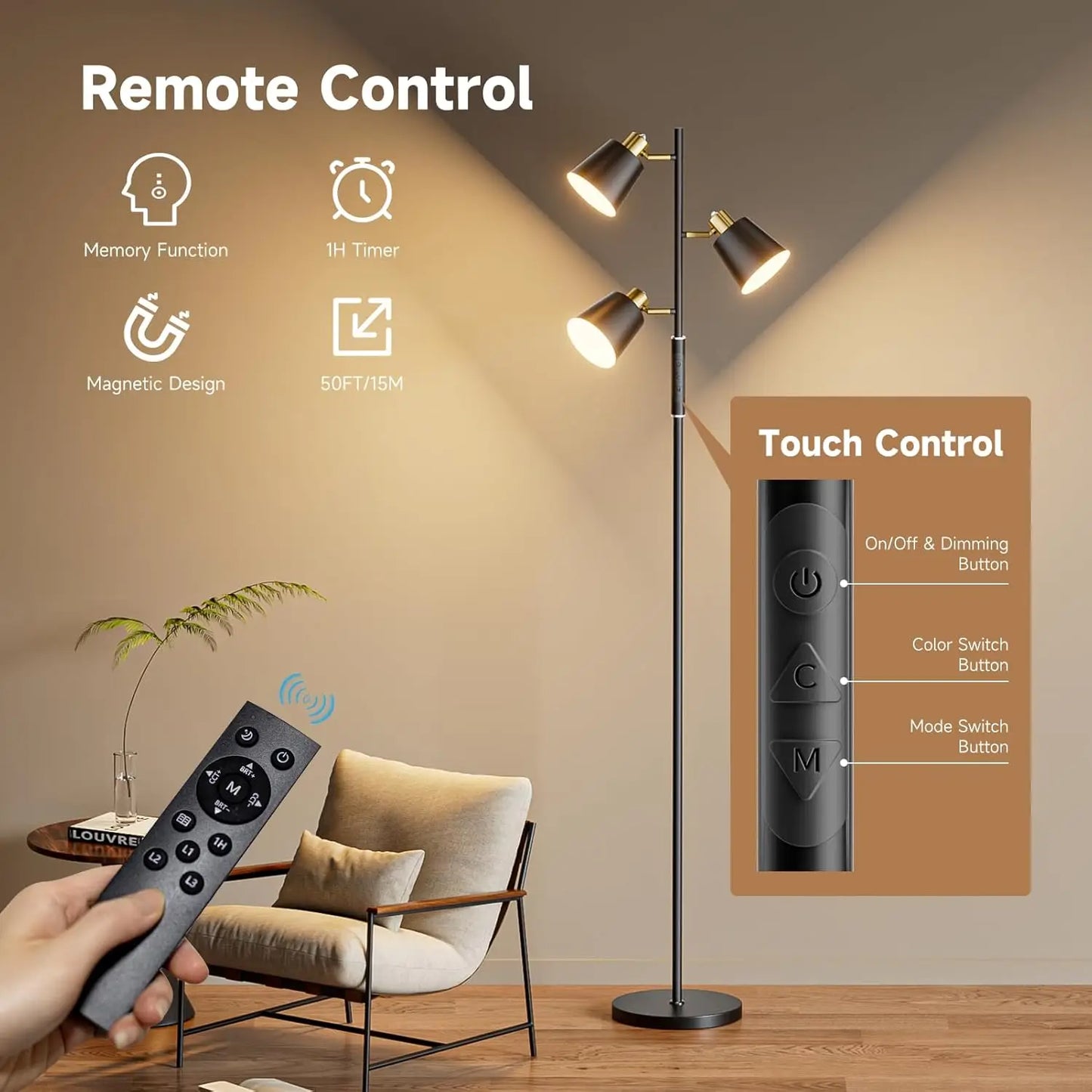 Modern LED Tree Floor Lamp with Remote, Touch Control, 4 Color Temperatures, and Dimmable Lights for Living Room