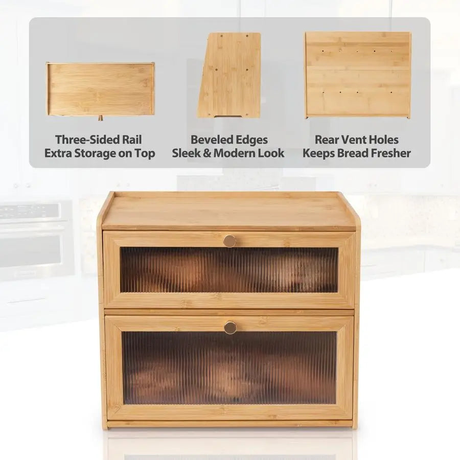 XMSJ Bamboo Bread Box Two-Tier With Window Large Capacity
