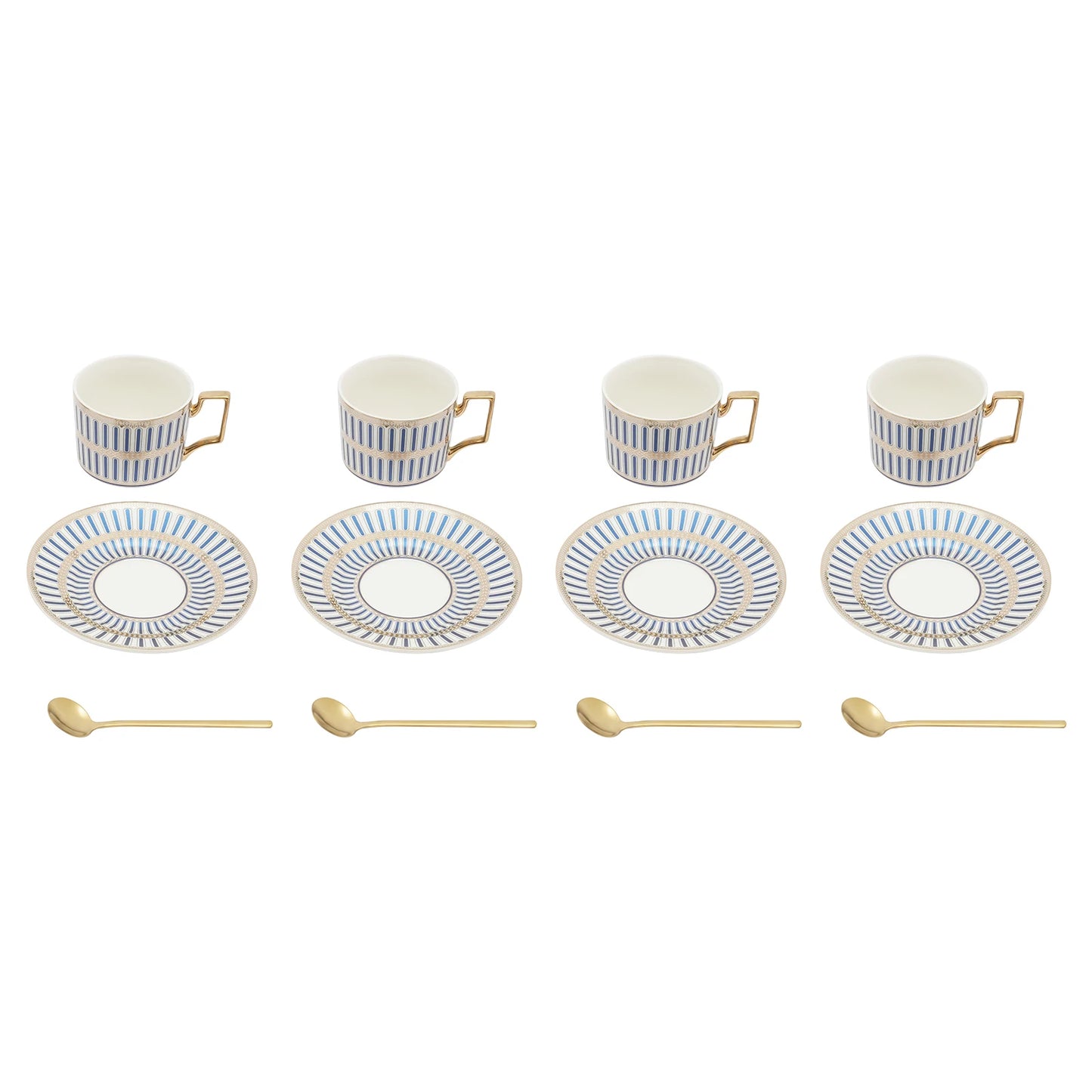 4 Pack European Style Cup and Saucer Set, 7Oz Porcelain Beautifully Glazed Blue Stripes Tea Cup and Saucer, Golden Spoon, Mug