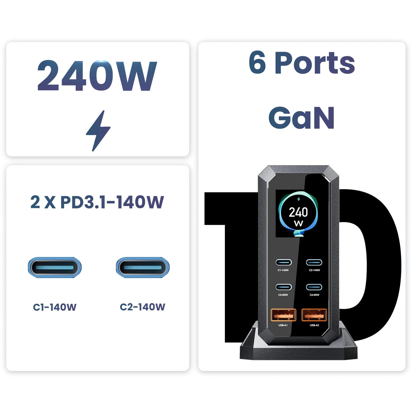ASOMETECH 240W GaN Fast Charging Station 6 in 1 140W PD3.1 USB Type C PD QC3.0 PPS Desktop Charger For MacBook iPhone 16 Samsung