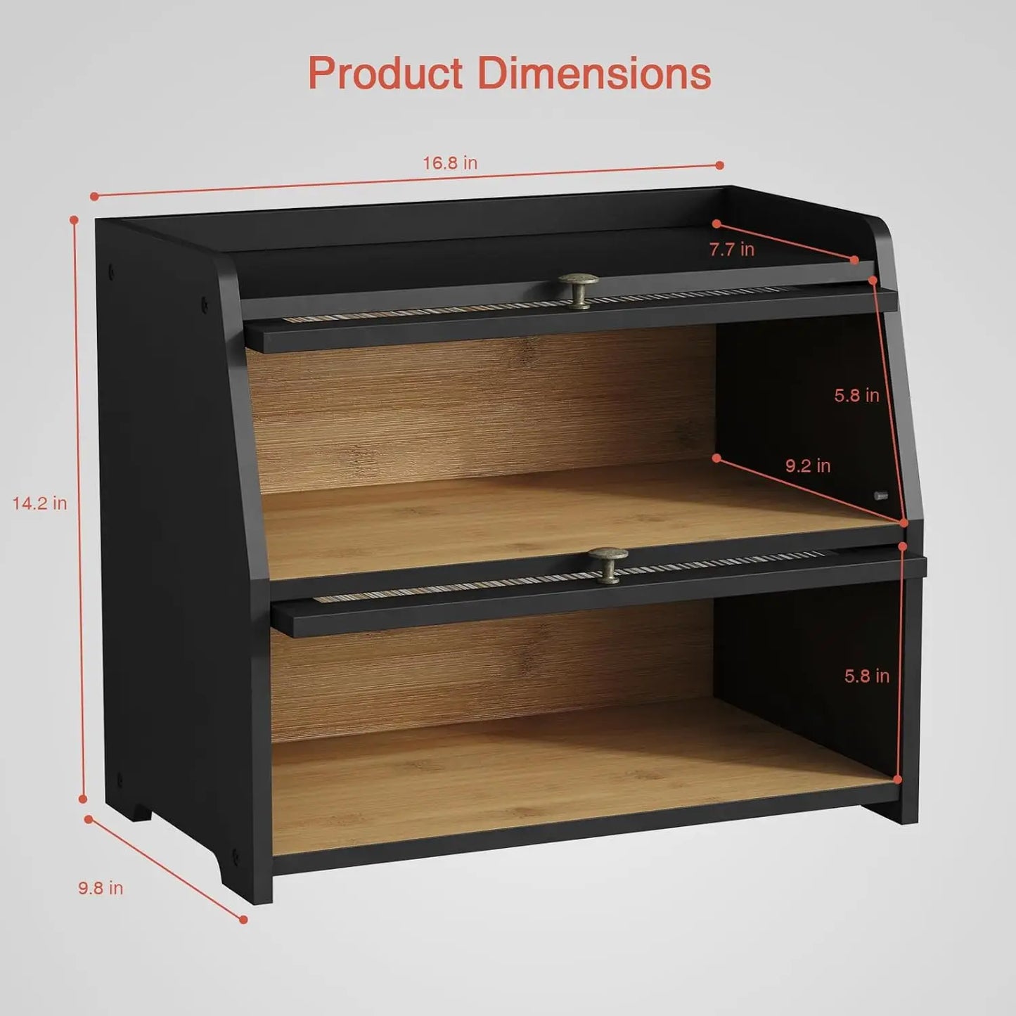 Large Black Bread Box with Double Layer Storage, Farmhouse Style for Kitchen Countertop