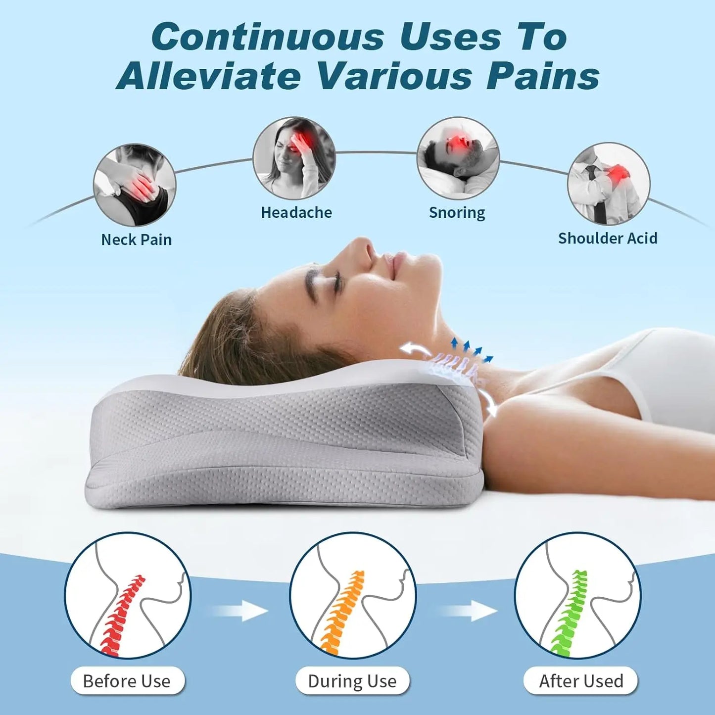Cooling Ergonomic Cervical Neck Pillow With Memory Foam And Pillowcase