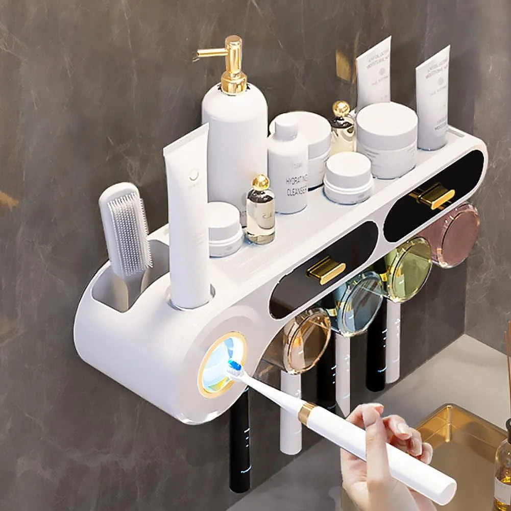 Toothbrush Holder Wall Mounted with Automatic Toothpaste Dispenser and Drawer Storage No Drilling Required for Bathroom and Kids