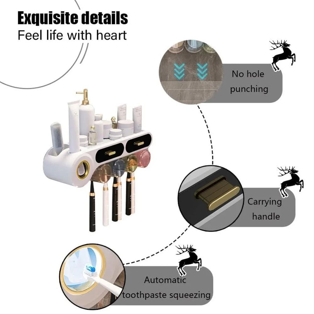 Toothbrush Holder Wall Mounted with Automatic Toothpaste Dispenser and Drawer Storage No Drilling Required for Bathroom and Kids