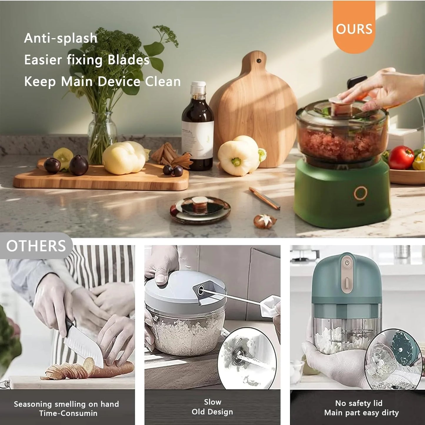 Electric Mini Food Chopper USB Rechargeable Garlic Onion Meat Grinder 350ML Portable Kitchen Food Processor