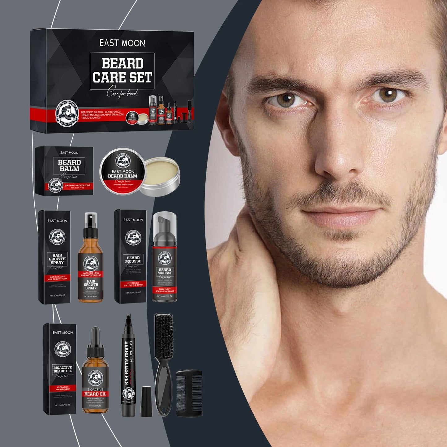 East Moon 1set Men Sandalwood Beard Care Set Moisturizing Balm Nourishing Beards Repair Frizz Moustache Growth Styling Beard Set
