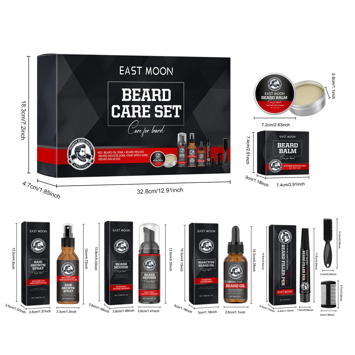 East Moon 1set Men Sandalwood Beard Care Set Moisturizing Balm Nourishing Beards Repair Frizz Moustache Growth Styling Beard Set