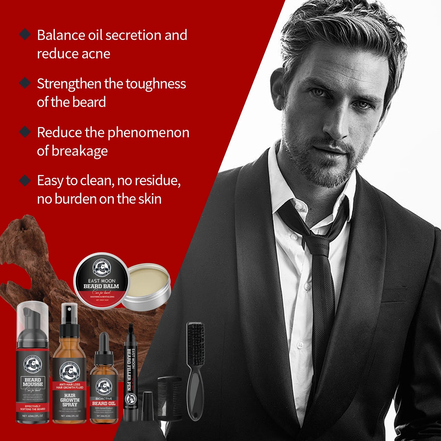 East Moon 1set Men Sandalwood Beard Care Set Moisturizing Balm Nourishing Beards Repair Frizz Moustache Growth Styling Beard Set