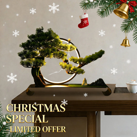 Artificial Tree, Incense Burner, Ceramic Zen Bonsai Pine with LED Light Ring, USB Powered Home Office Desk Decor, Christmas