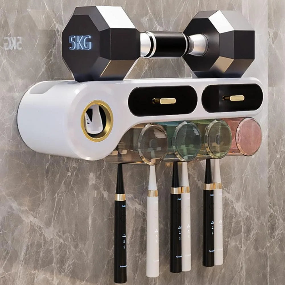 Toothbrush Holder Wall Mounted with Automatic Toothpaste Dispenser and Drawer Storage No Drilling Required for Bathroom and Kids