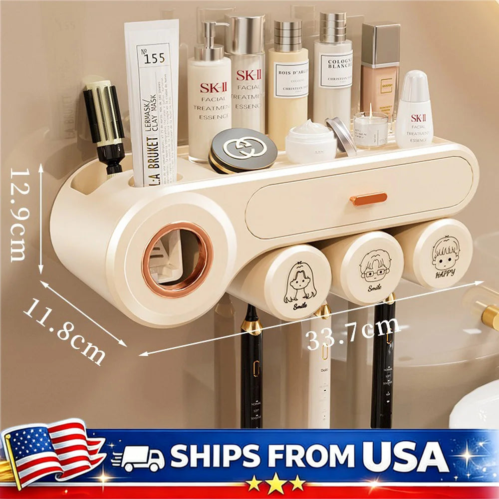 Toothbrush Holder Wall Mounted with Automatic Toothpaste Dispenser and Drawer Storage No Drilling Required for Bathroom and Kids