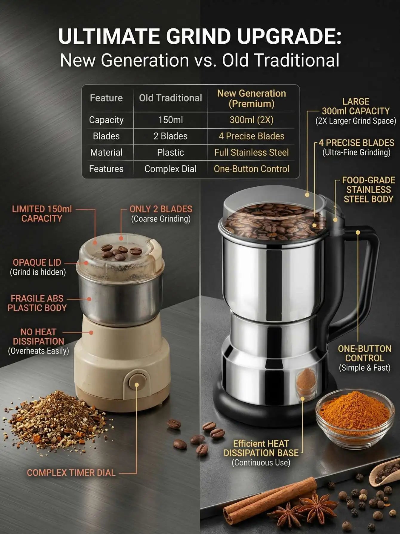 Multi-Functional Electric Grinder For Coffee Spices And Grains