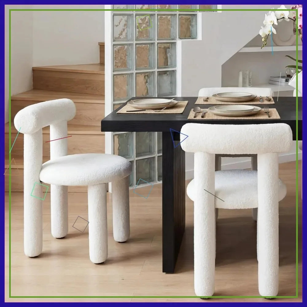 Modern White Boucle Dining Chairs Set of 2, Sherpa Upholstered Armless Barrel Back Kitchen Living Room Chairs