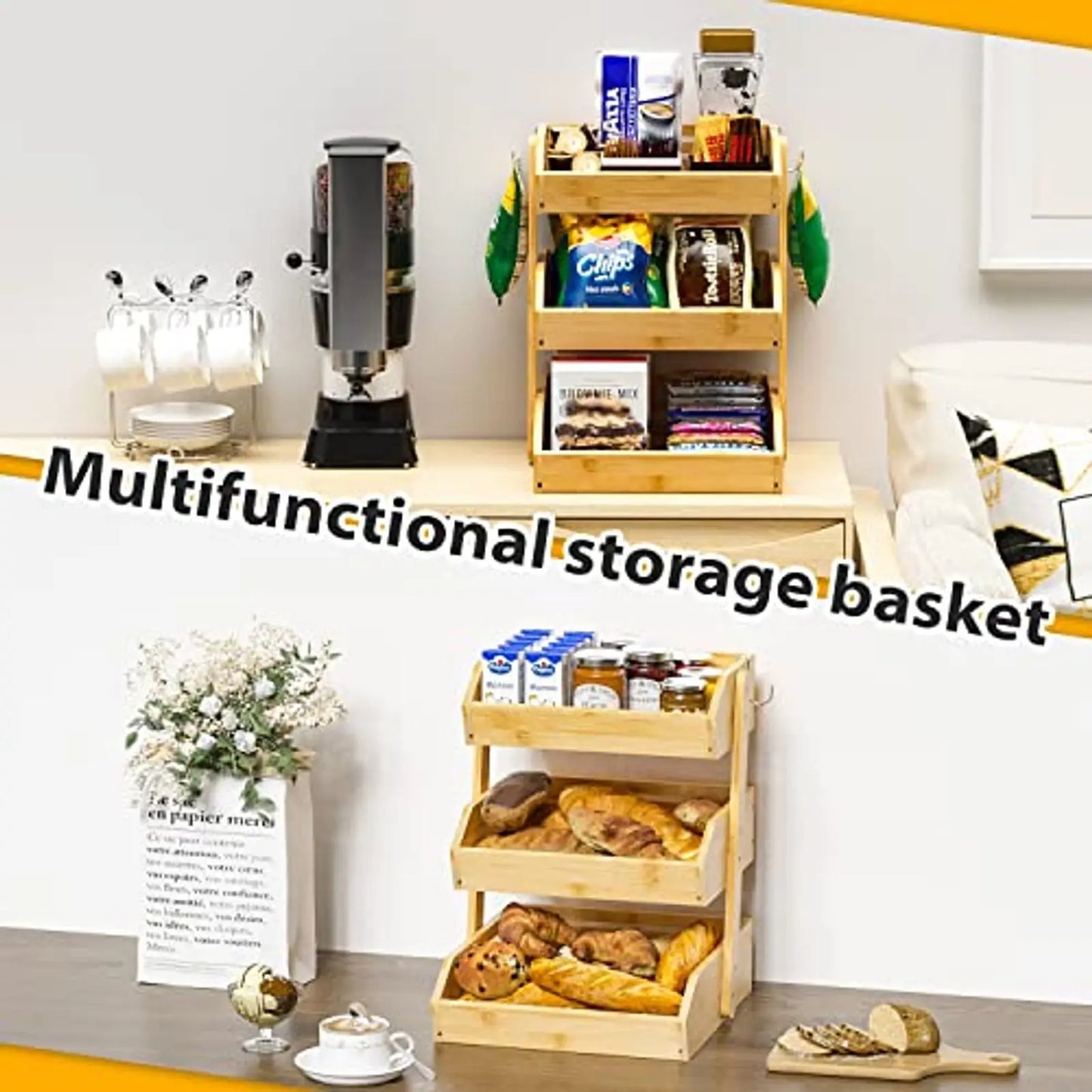 Bamboo 3 Tier Kitchen Fruit Basket With Banana Hangers
