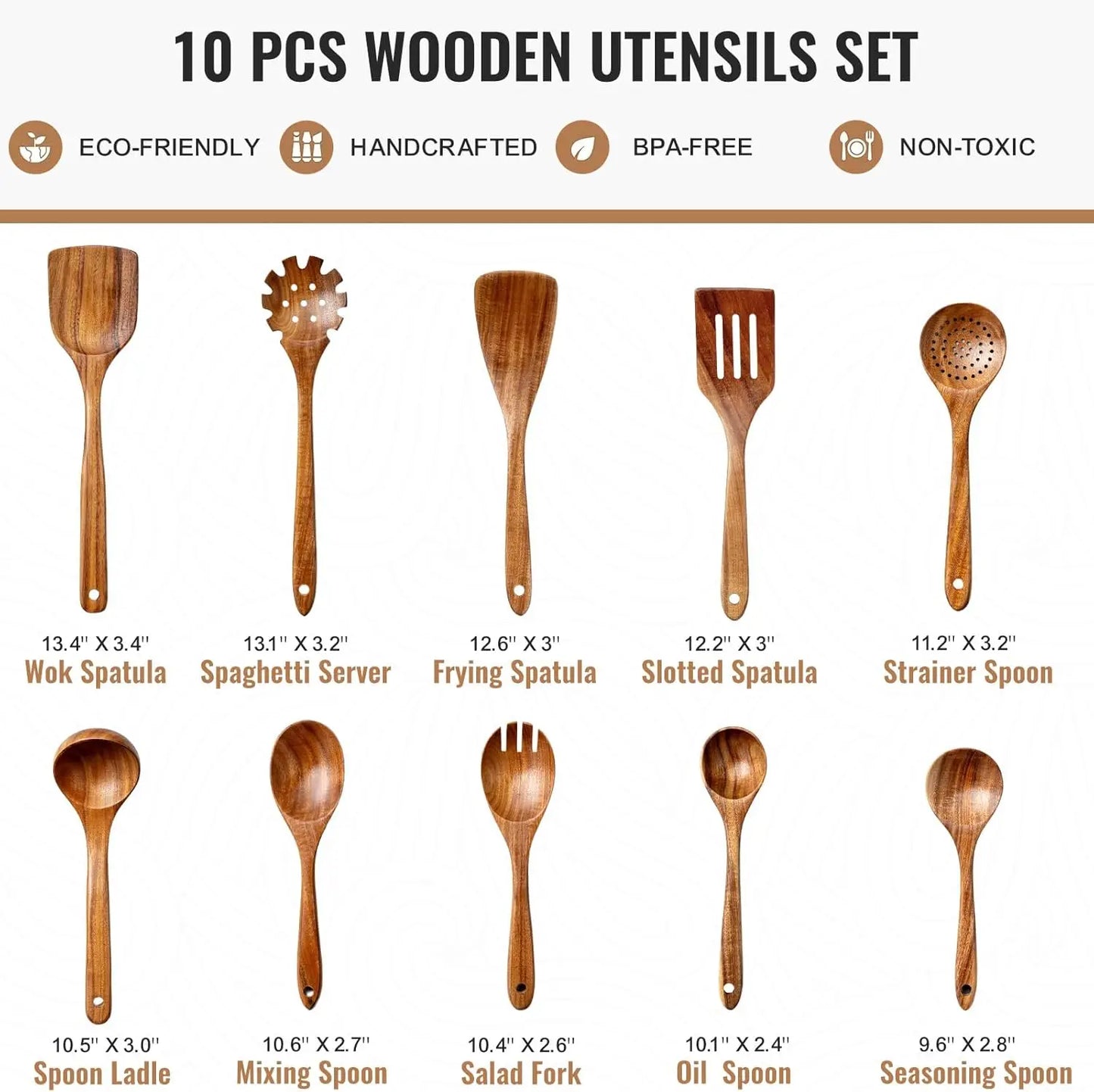 10-Piece Natural Teak Wooden Kitchen Utensil Set