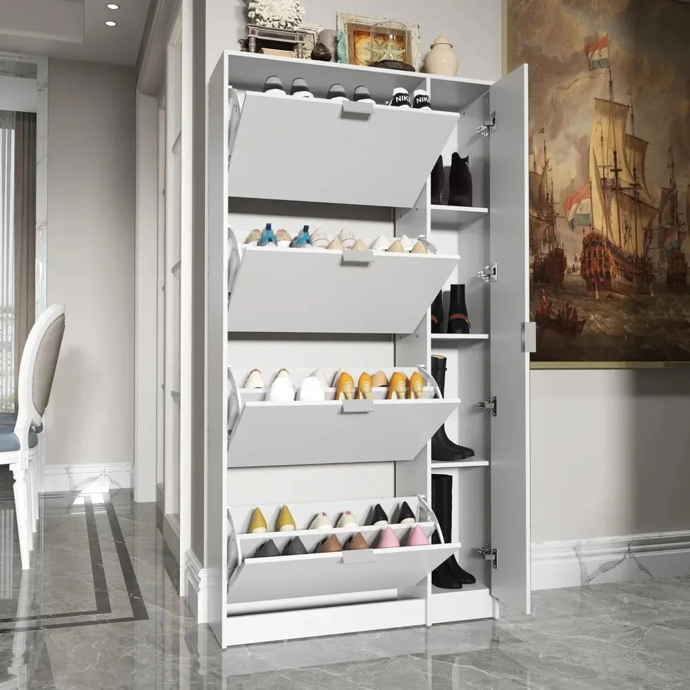 Modern Shoe Storage Cabinet With 4 Flip Drawers And Mirror