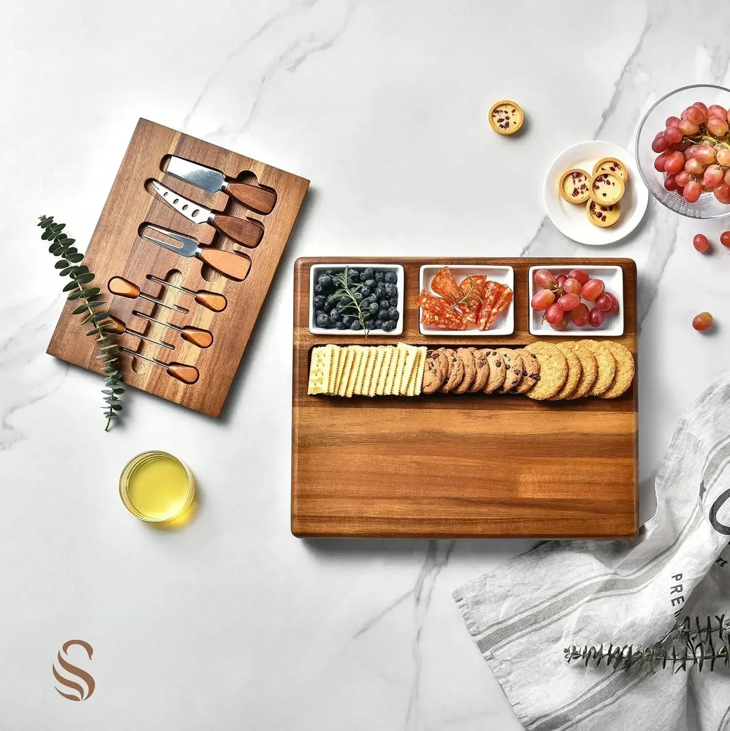 Acacia Wood Charcuterie Board Set With 3 Removable Ceramic Bowls