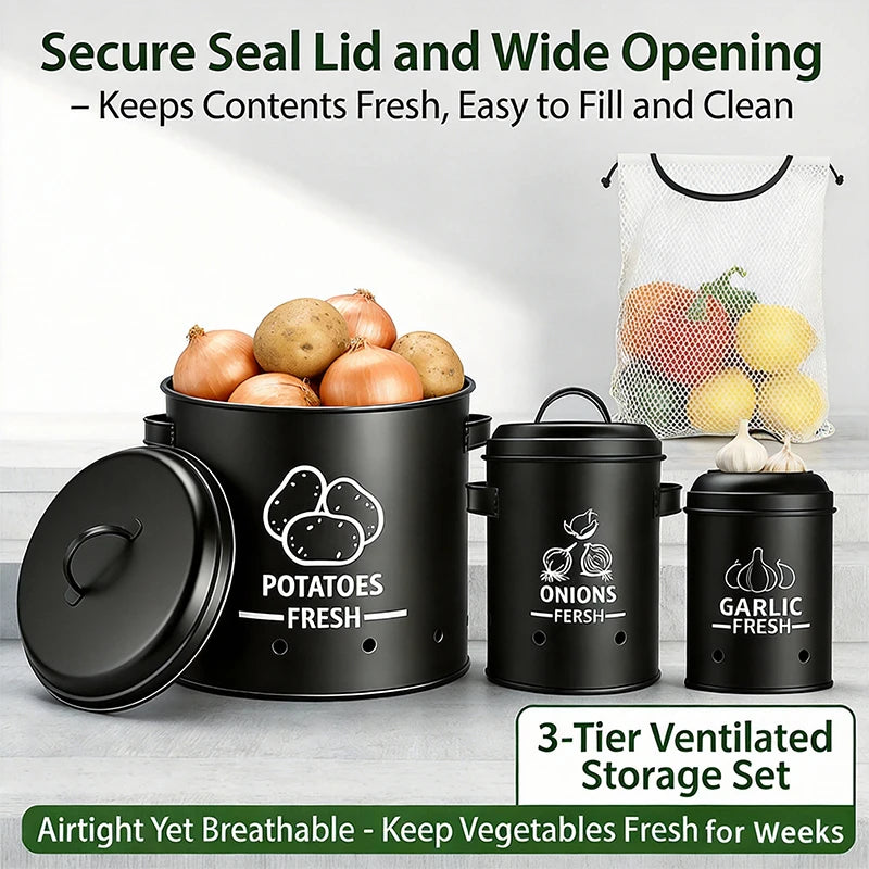 Metal Potato Onion Garlic Storage Containers With Secure Airflow Lids