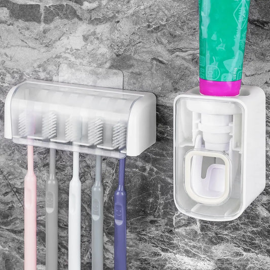 5-Slot Wall Mount Toothbrush Holder with Cover, Self-Adhesive Organizer for Shower, Automatic Toothpaste Dispenser