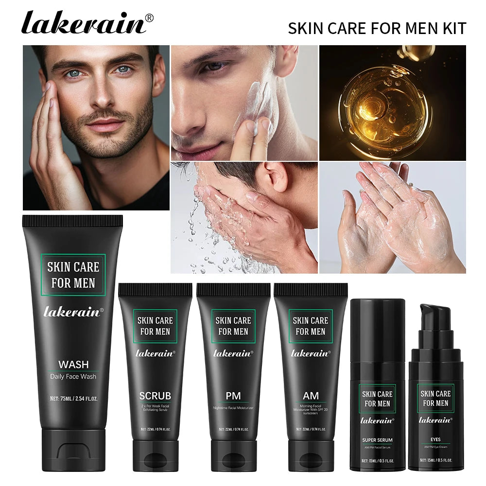 Lakerain Skin Care for Men Kit Oil Control Skin Firming Increase Hydrate Smooth Deep Cleaning Face Set Travel Skin Care Kit