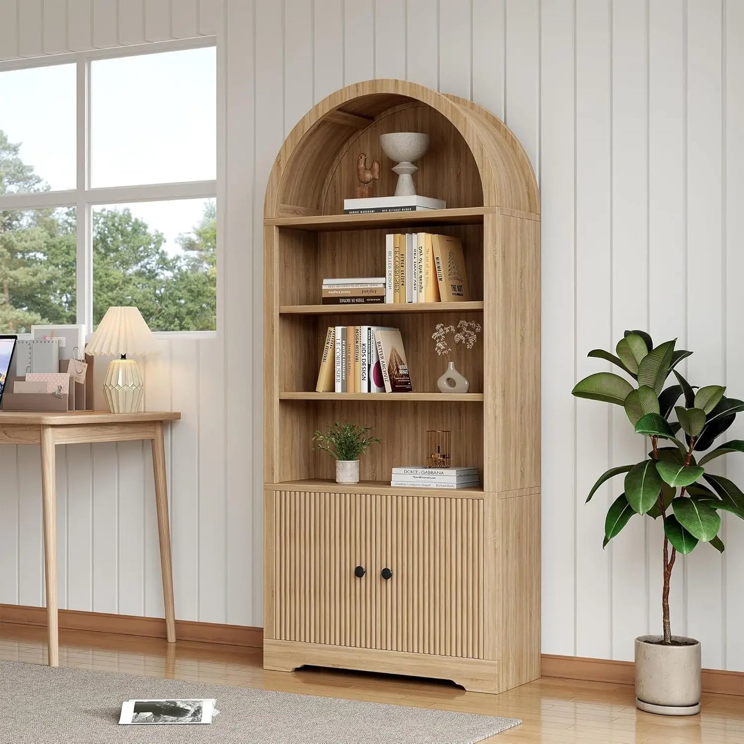 Arched Bookcase With Storage Door Included Six Tier Freestanding Cabinet