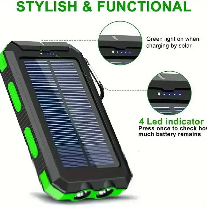 Solar Power Bank 10000mAh Fast Charging Dual USB IP65 Waterproof Shockproof External Charger