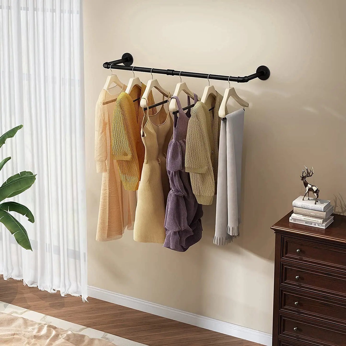 Industrial Pipe Clothes Rack Wall Mounted Garment Rail With Hooks
