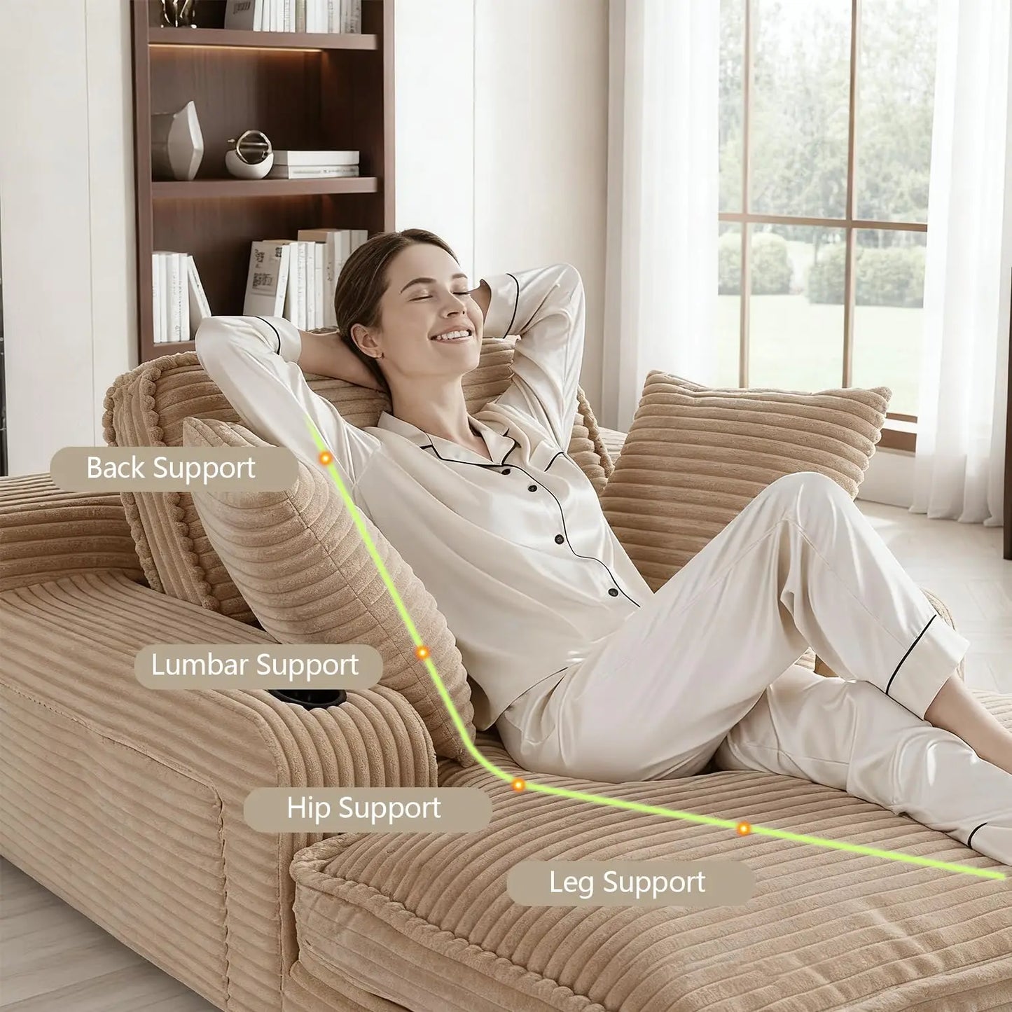 67" Oversized Chaise Lounge Chair Indoor, Soft Boneless Cloud Couch with 3 Pillows, 4 Side Pockets and 2 Cup, Customized
