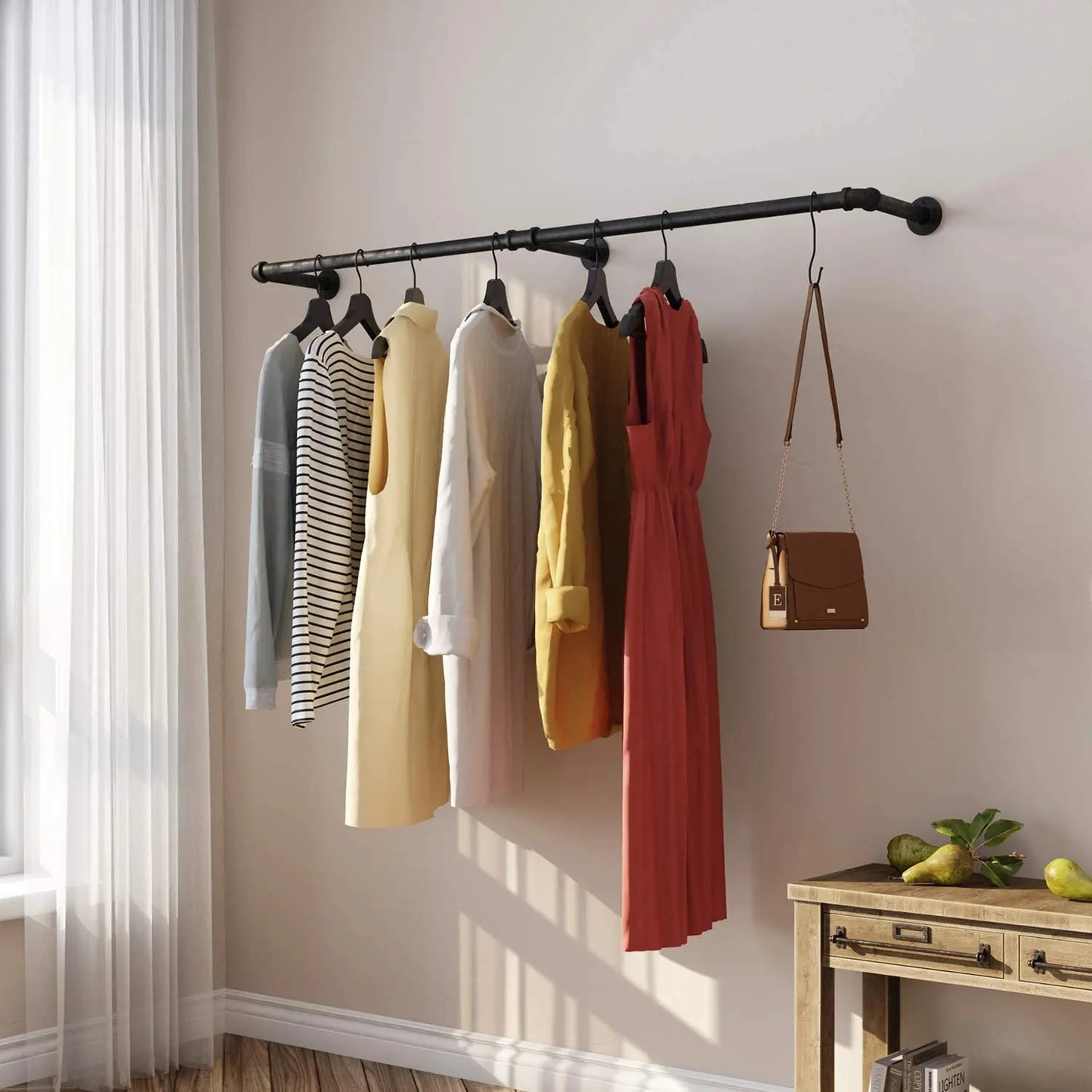 Industrial Pipe Clothes Rack Wall Mounted Garment Rail With Hooks