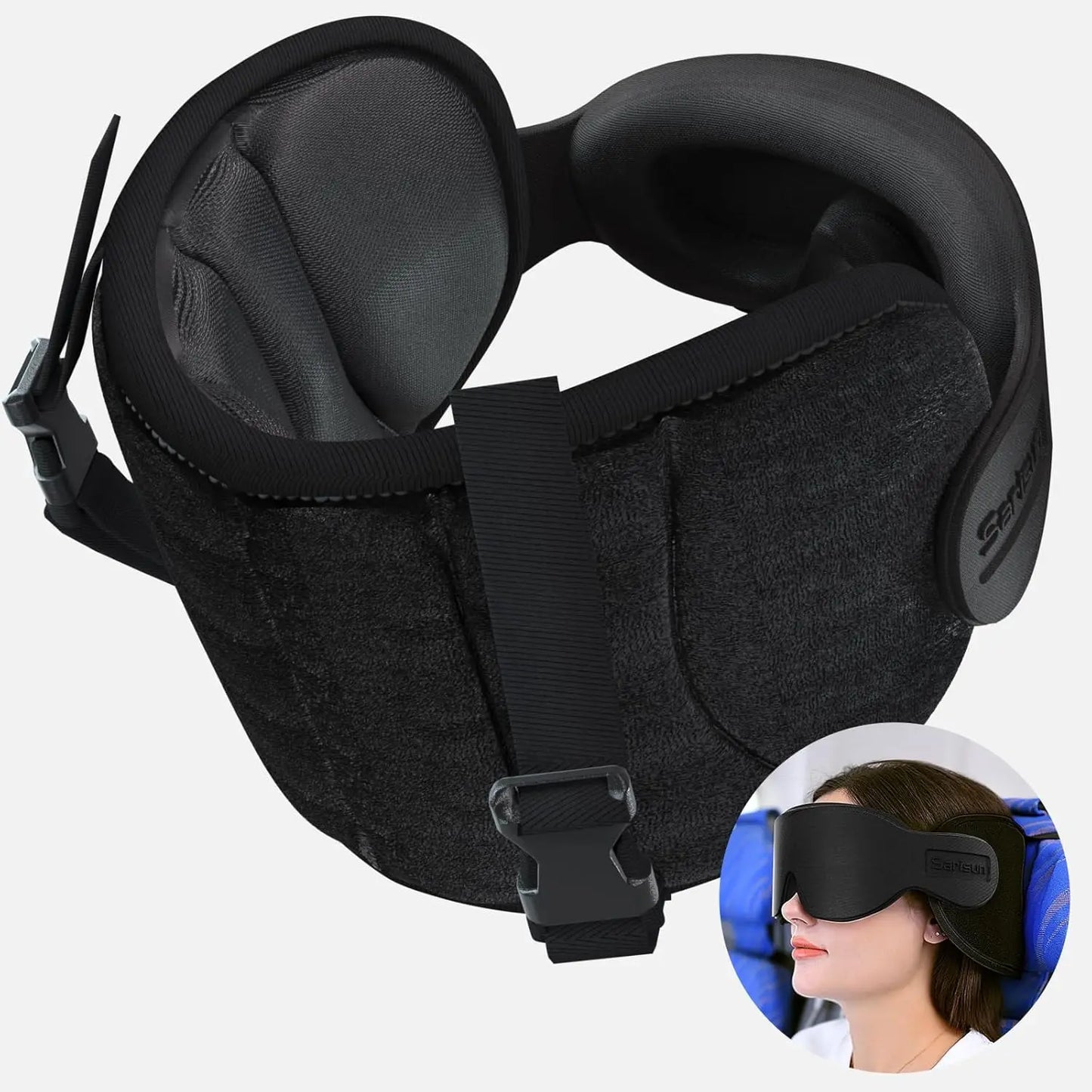 Travel Pillow For Airplanes With Eye Mask And Head Strap 360 Degree Support