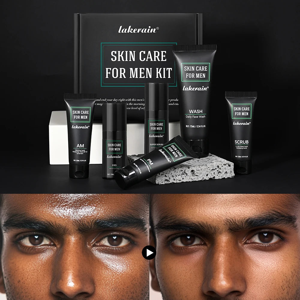 Lakerain Skin Care for Men Kit Oil Control Skin Firming Increase Hydrate Smooth Deep Cleaning Face Set Travel Skin Care Kit