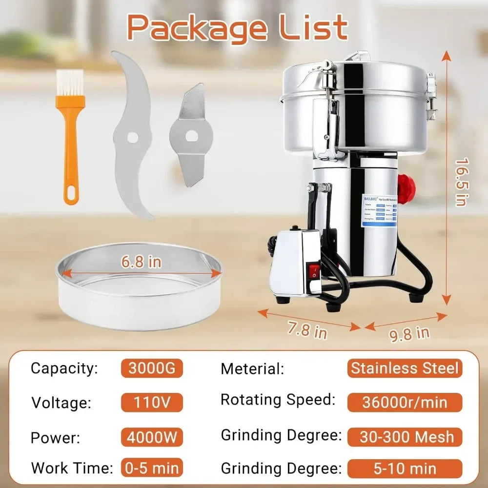 Electric Grain Mill Grinder 3000G 4000W Stainless Steel 304 Superfine