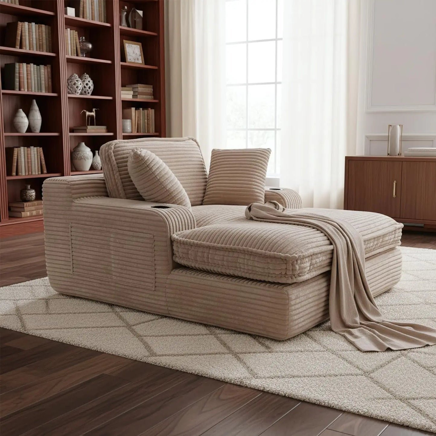 67" Oversized Chaise Lounge Chair Indoor, Soft Boneless Cloud Couch with 3 Pillows, 4 Side Pockets and 2 Cup, Customized