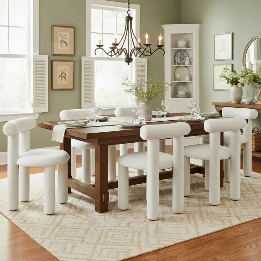 Modern White Boucle Dining Chairs Set of 2, Sherpa Upholstered Armless Barrel Back Kitchen Living Room Chairs