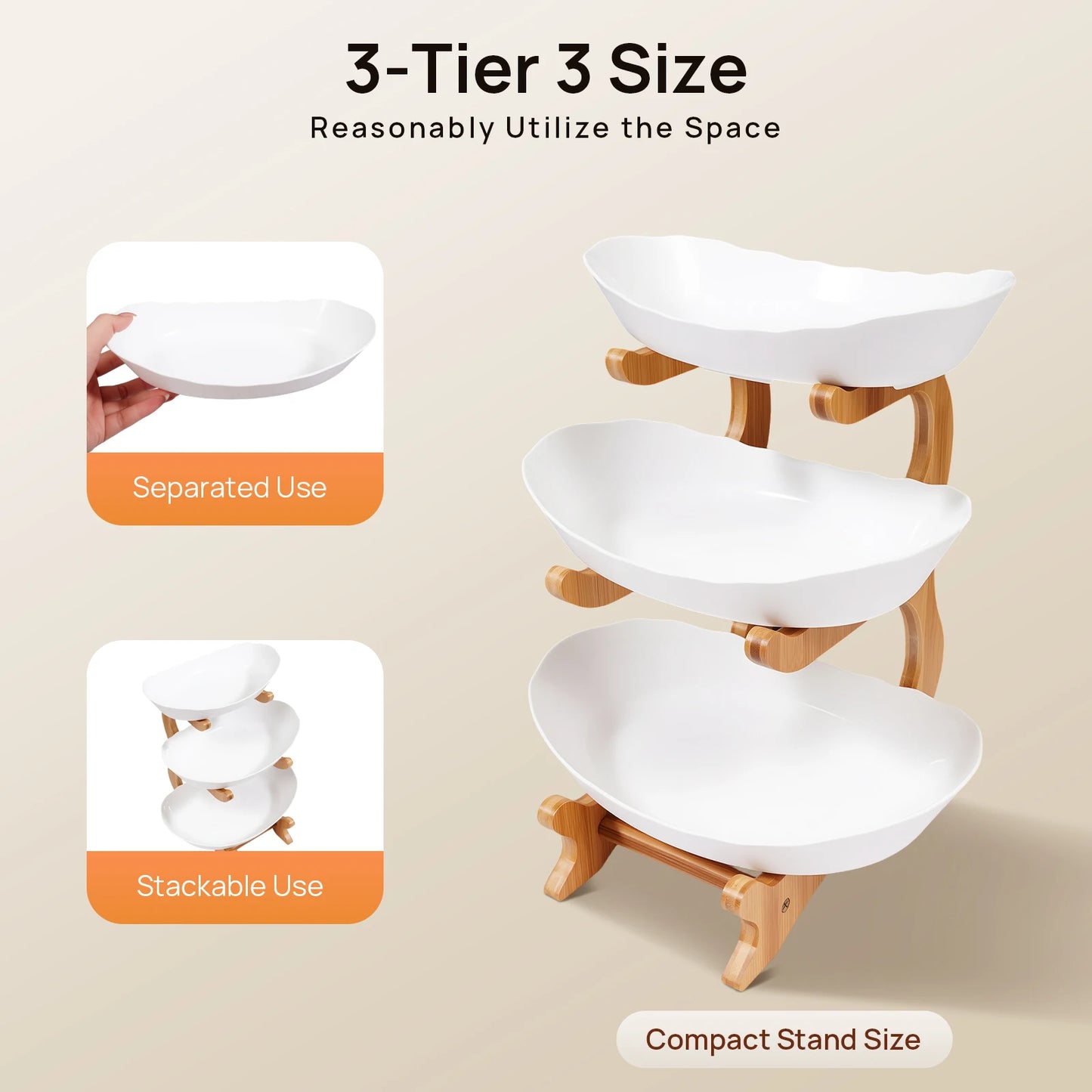 3-Tier Bamboo Wood Fruit Plate Stand for Parties and Desserts