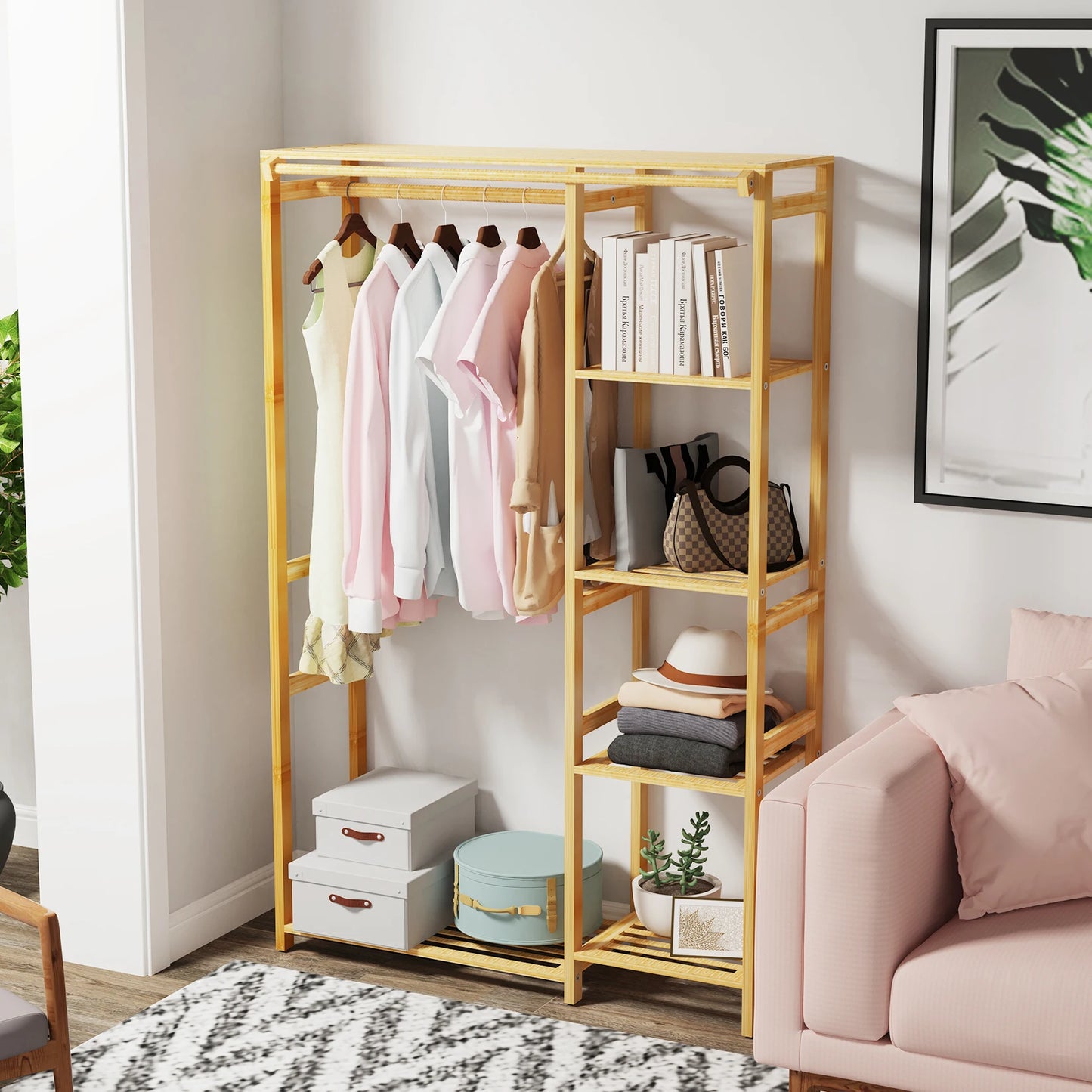 6-Tier Bamboo Garment Rack Open Wardrobe With Hanging Cover