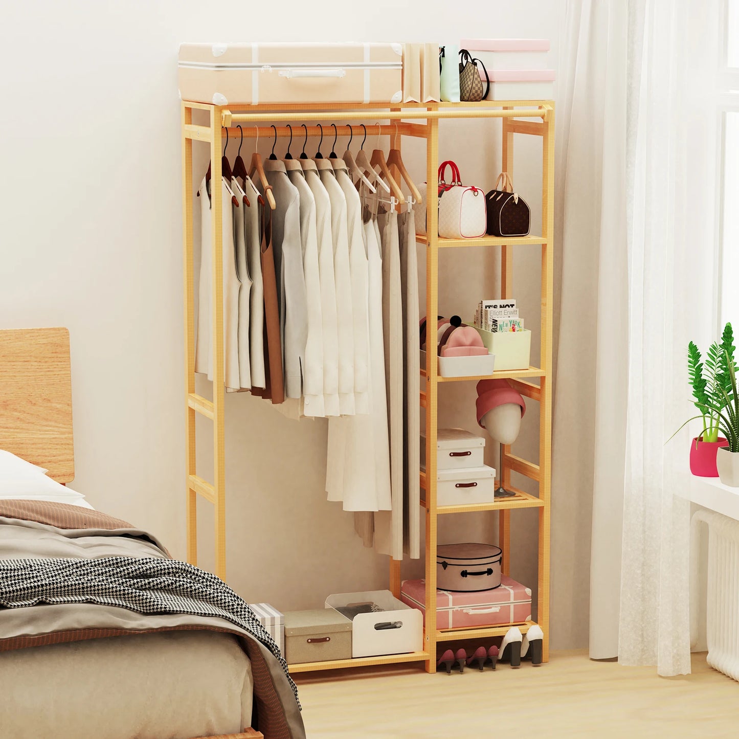 6-Tier Bamboo Garment Rack Open Wardrobe With Hanging Cover