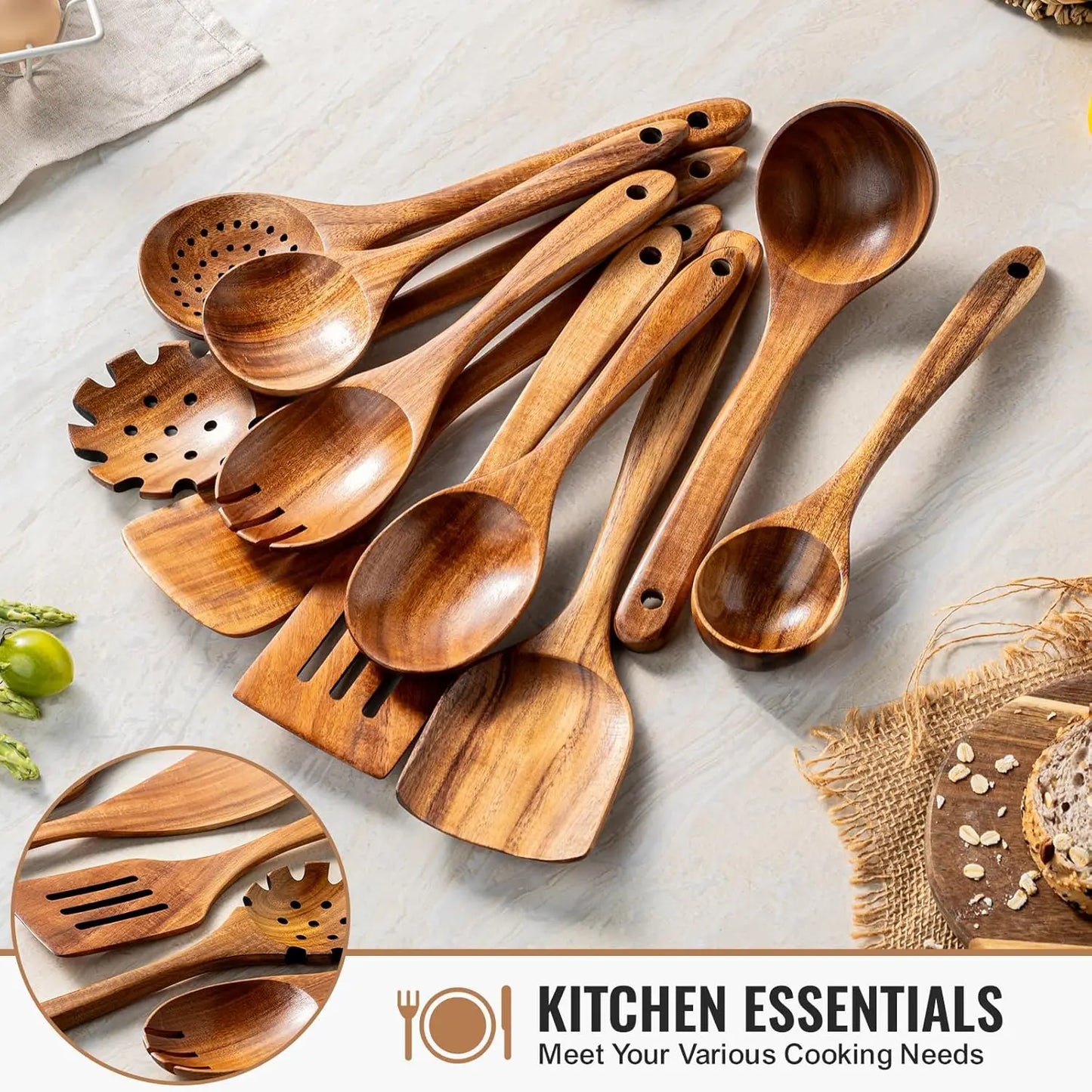 10-Piece Natural Teak Wooden Kitchen Utensil Set