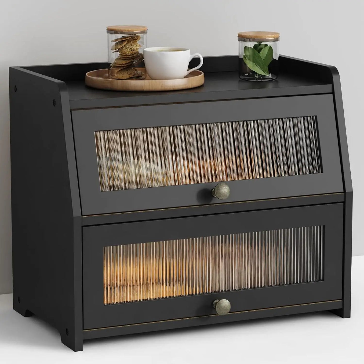 Large Black Bread Box with Double Layer Storage, Farmhouse Style for Kitchen Countertop