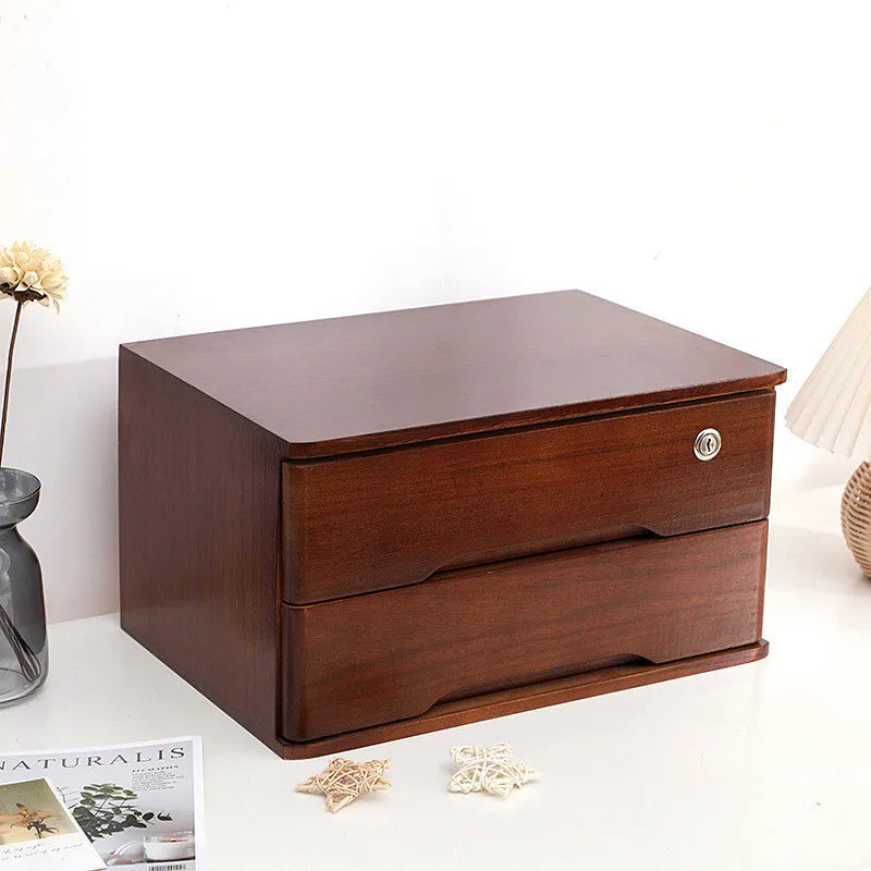 Wooden Desktop Storage Box Organizer With Lockable Drawers