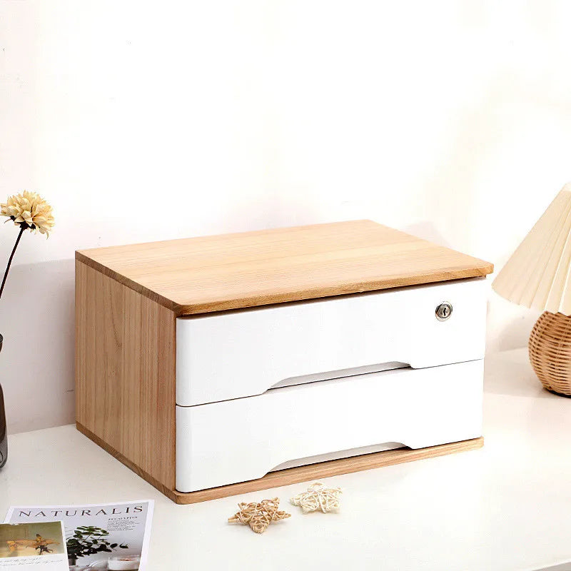 Wooden Desktop Storage Box Organizer With Lockable Drawers
