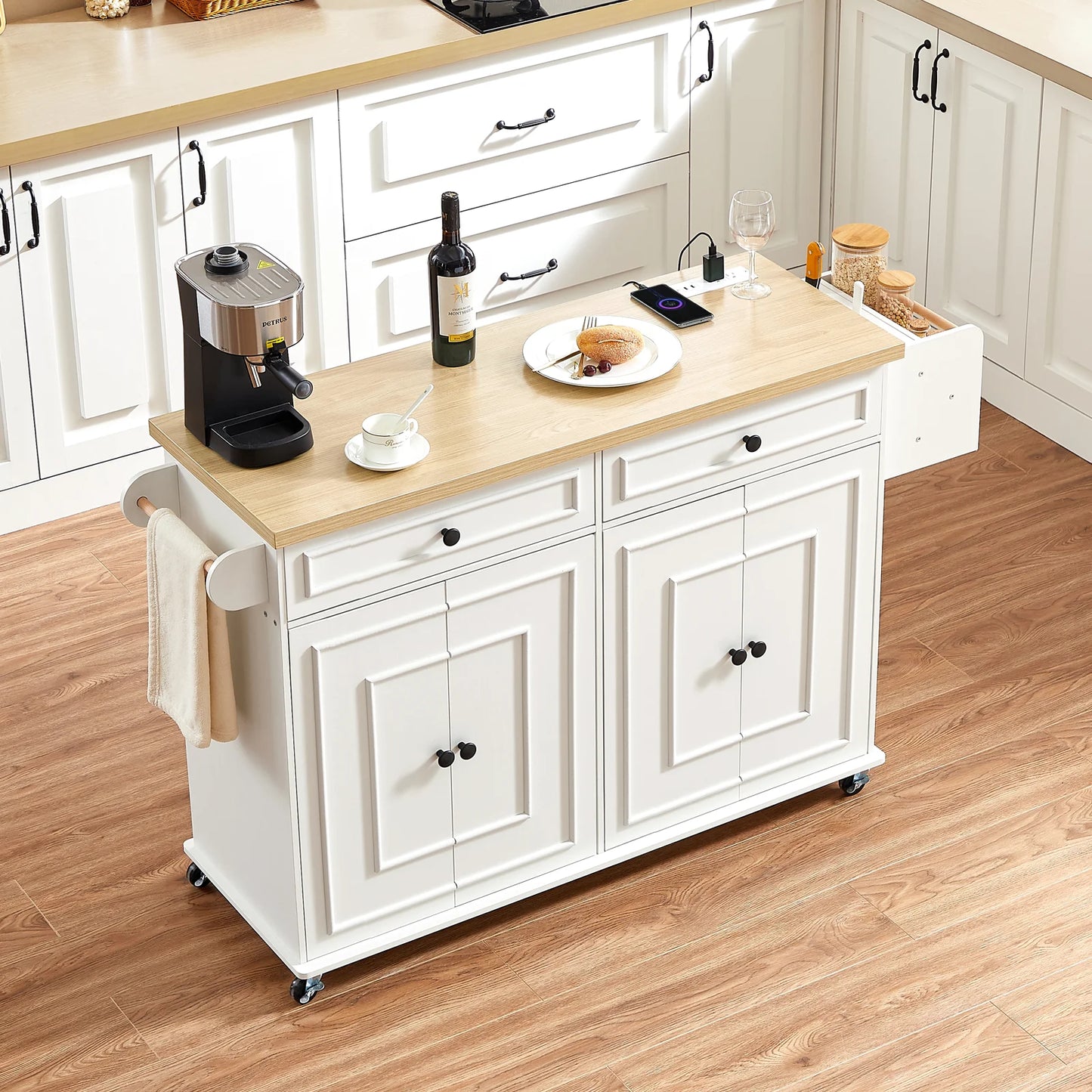 60" Mobile Kitchen Islands Rolling Trolleys Kitchen Island Table Drop Leaf Home Carts with Power Outlet Spice Towel Rack Trash