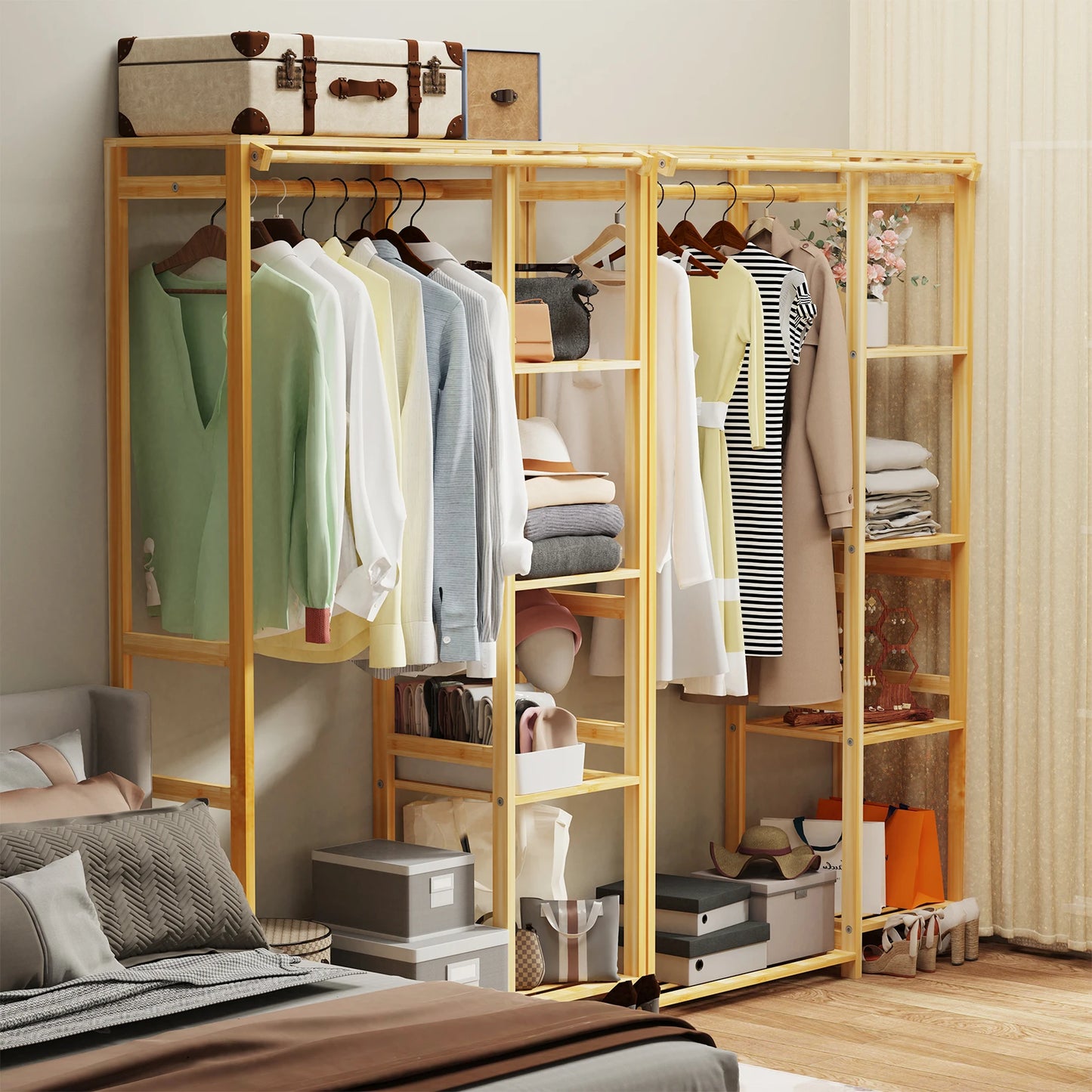 6-Tier Bamboo Garment Rack Open Wardrobe With Hanging Cover