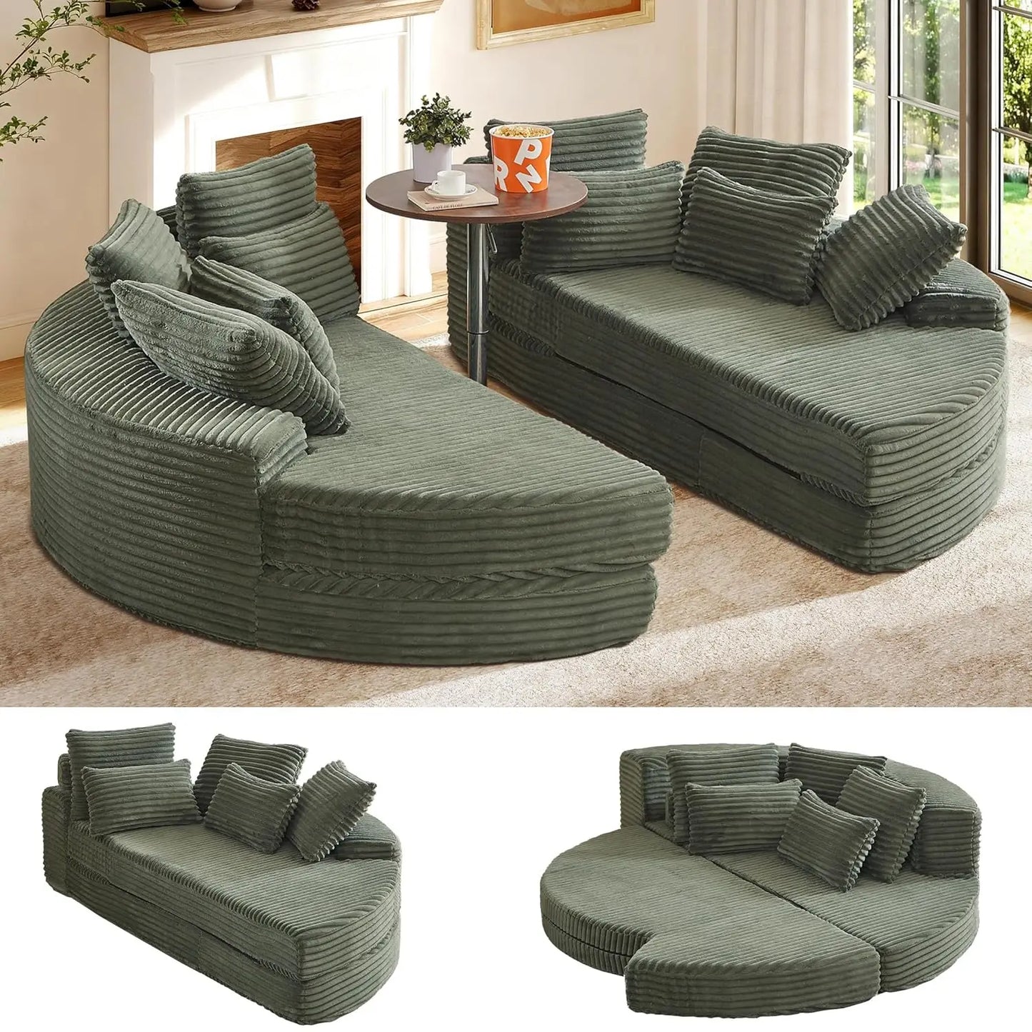 78.5”Folding Curved Chaise Lounge Chair Indoor, Modern Upholstered Lazy Corduroy Half Moon 2-in-1 Couch, 5 Neck, Customized
