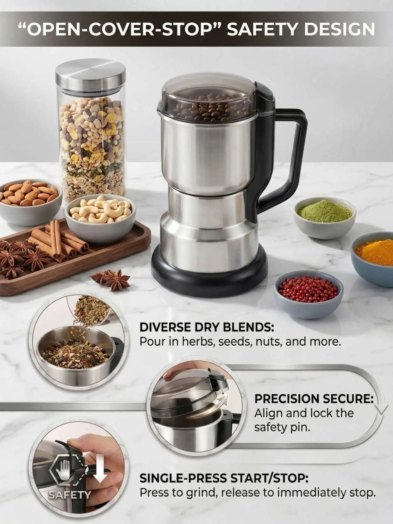 Multi-Functional Electric Grinder For Coffee Spices And Grains