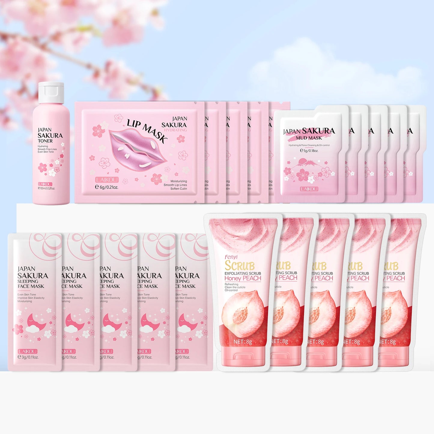 LAIKOU Sakura Skincare Set Hydration Toner Lip Mask Mud Mask