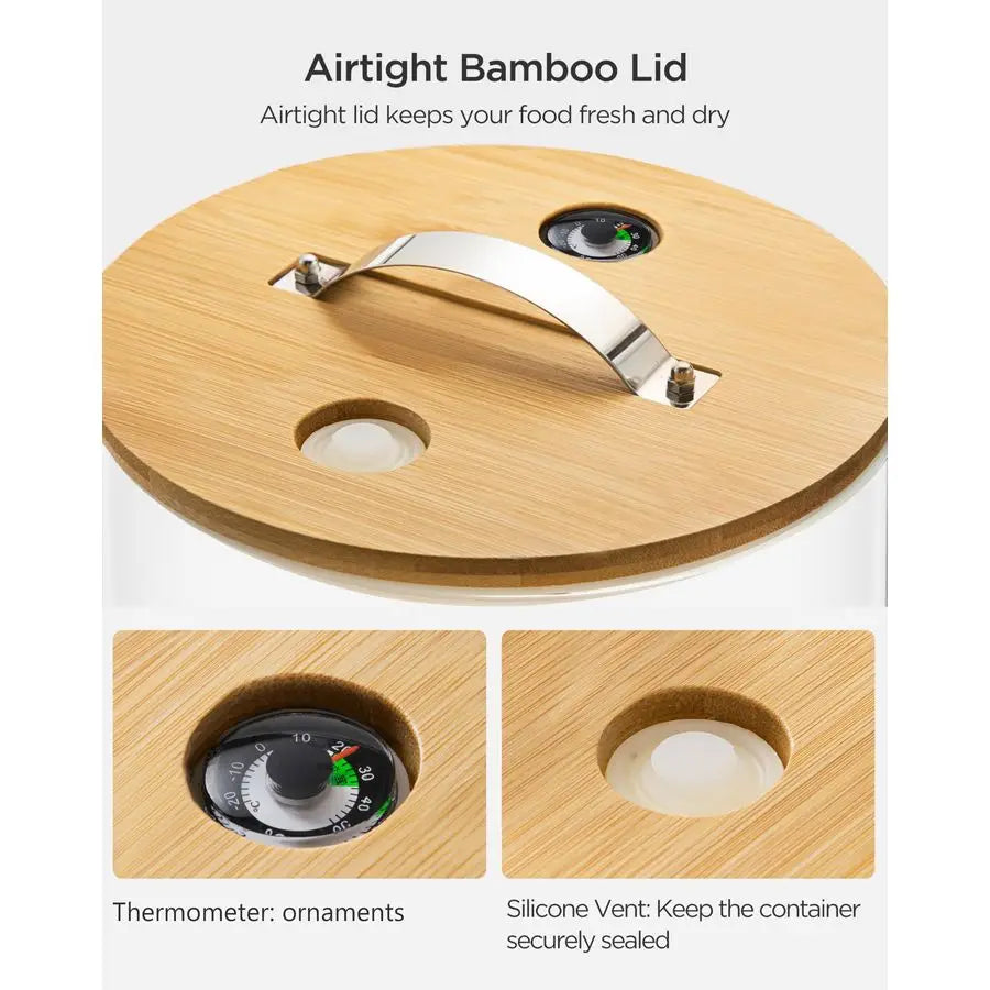 Glass Rice Dispenser With Wooden Stand And Measuring Cup
