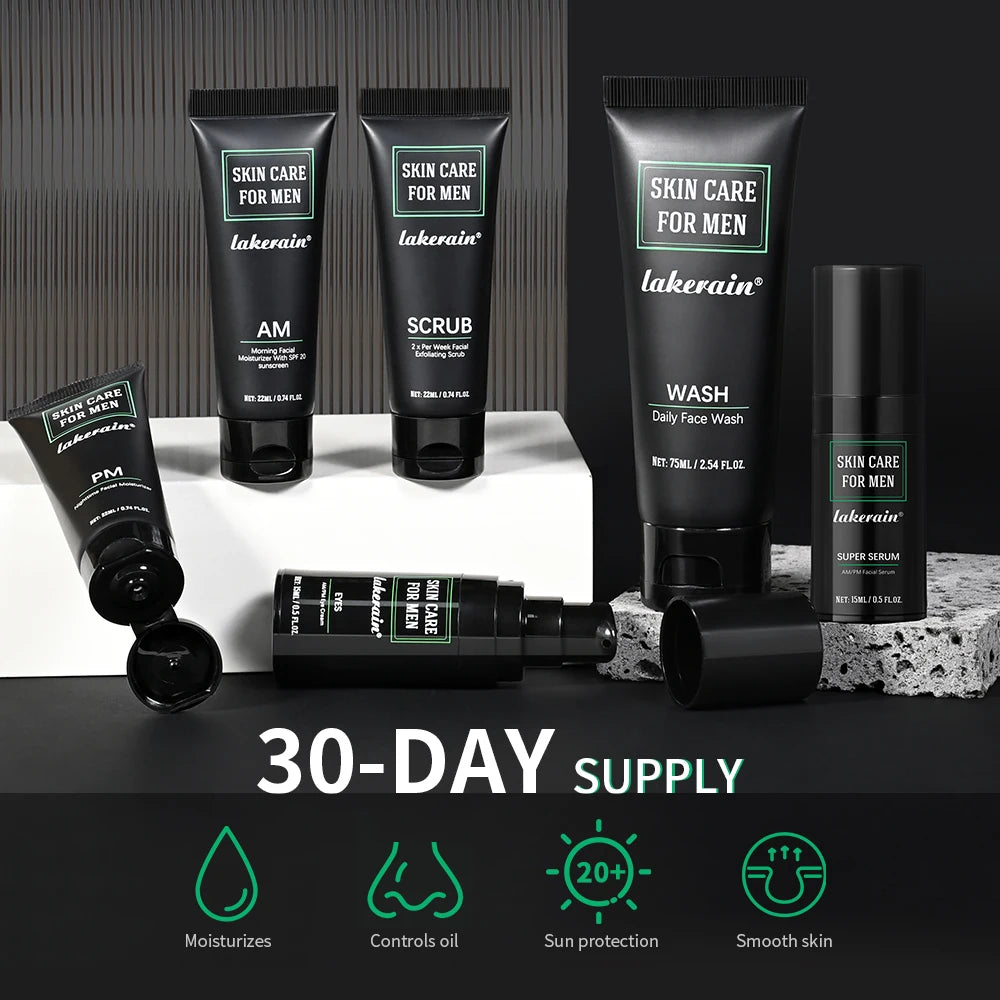 Lakerain Skin Care for Men Kit Oil Control Skin Firming Increase Hydrate Smooth Deep Cleaning Face Set Travel Skin Care Kit